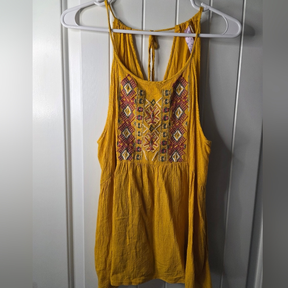 Alya Mustard Yellow Boho Adjustable Embroidered Tank Top Flowy High Quality